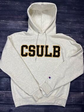 Champion Oatmeal Hooded Sweatshirt with Black & Gold CSULB Letters
